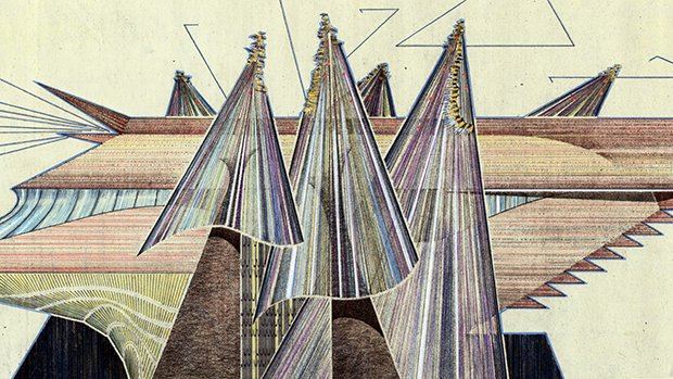 Colorful sketch of abstract architectural forms, heavily featuring cones and triangles.