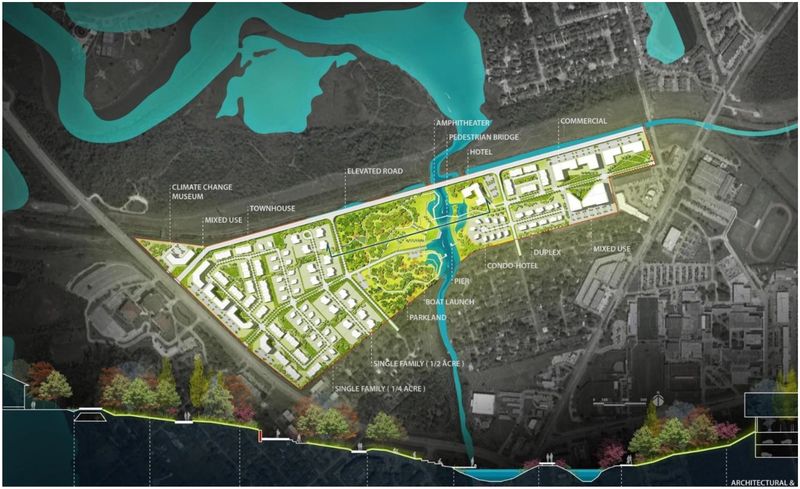 A render of Newman's Master Plan for League City, Texas, in which proposed uses of the space are labeled. These uses include a climate change museum, an elevated road, an amphitheater, a pedestrian bridge, a boat launch, and single family homes.  