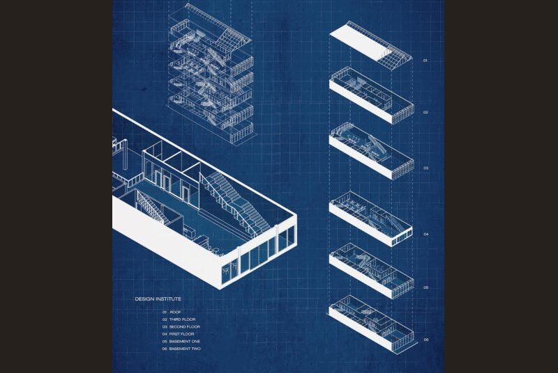 Exploded diagram of a six-level design institute.