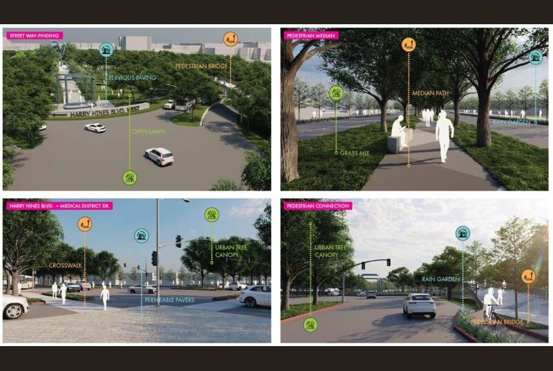 Four renderings demonstrate how to enhance the pedestrian experience through pavement, open lawns, pedestrian bridges, median paths, crosswalks, permeable pavers, tree canopies, and rain gardens