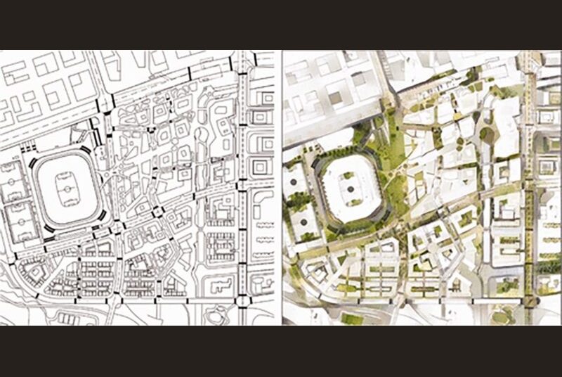 Two diagrams of the same area's urban development, one in black and white and one with the natural enviornment colored.