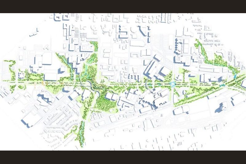 Aerial diagram of urban area with natural environment highlighted