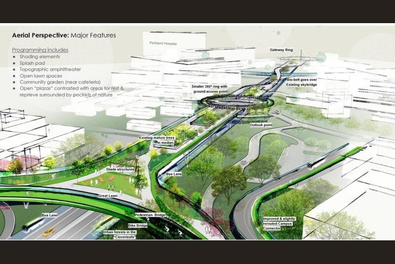 Aerial perspective of park land proposed features include shading elements, splash pad, topographic amphitheater, open law spaces, community garden and open plazas.