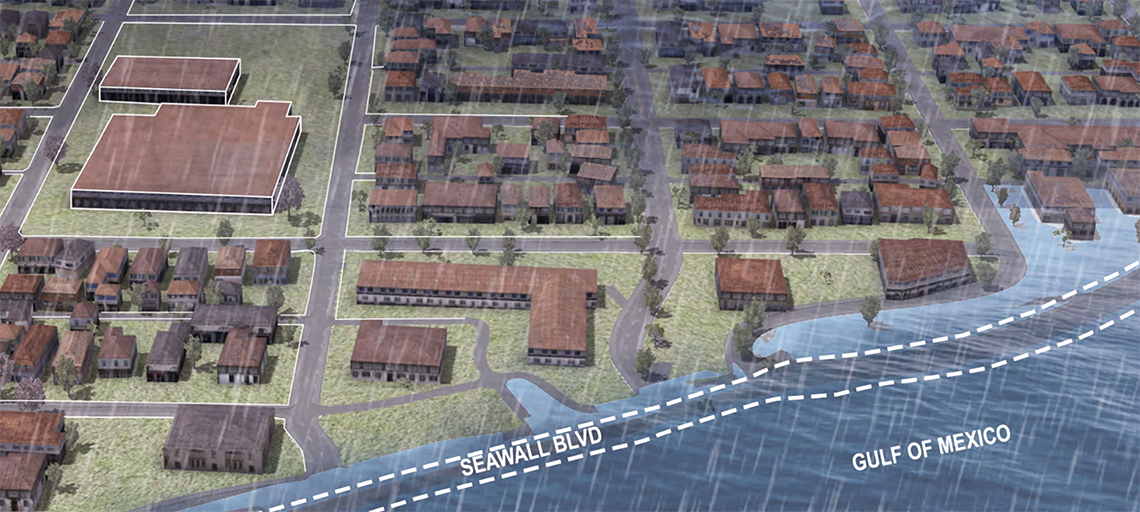 Birds-eye view rendering of neighborhood next to gulf of Mexico