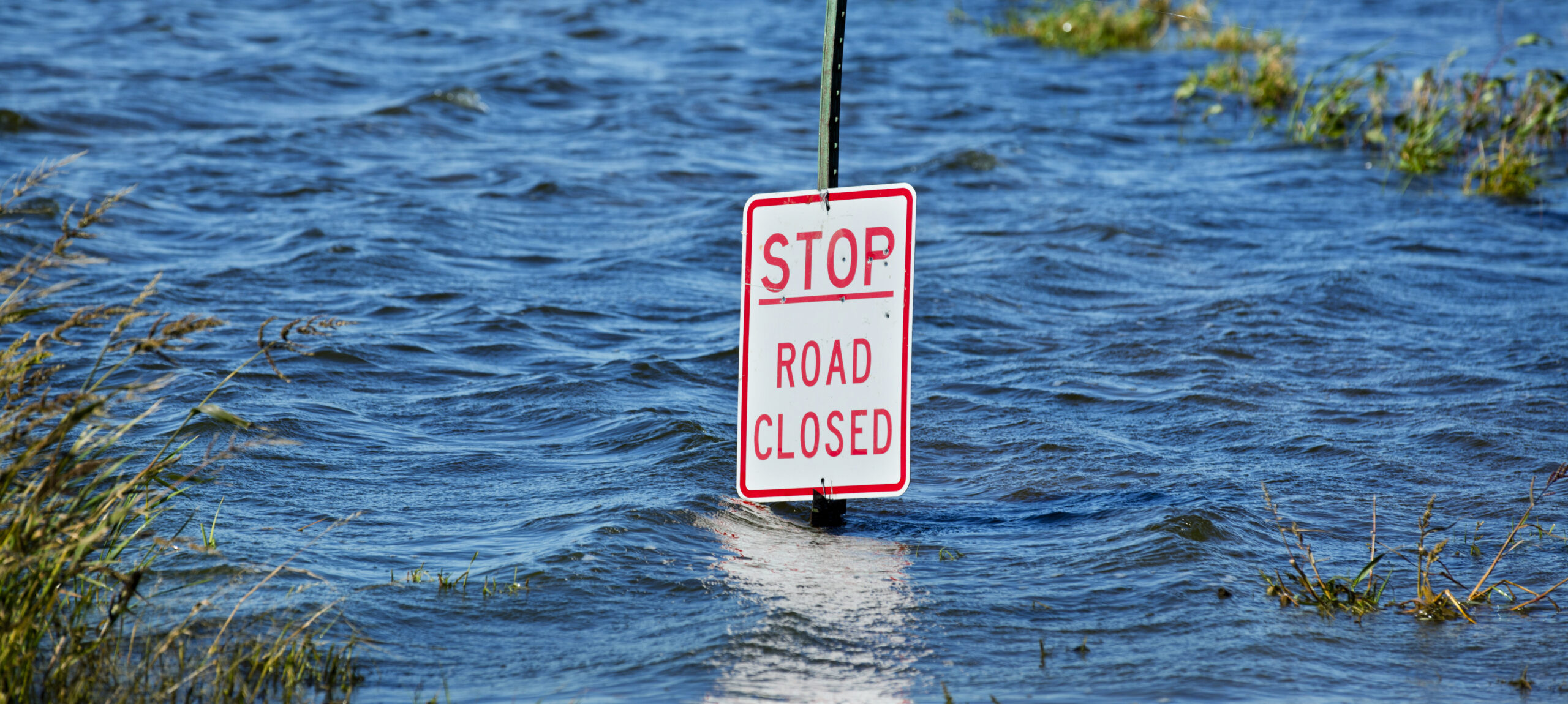 Flood waters reach top of road closed sign