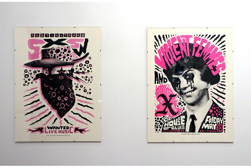 Two graphic posters in magenta, black and white. The artwork on the left features a man wearing a bandana and cowboy hat. Text says “Austin Texas SWS” and “wanted live music.” The artwork on the right, depicts a woman with black tears dripping from her eyes. The large text says “violent femmes and X House of Blues, Friday May 10th.”