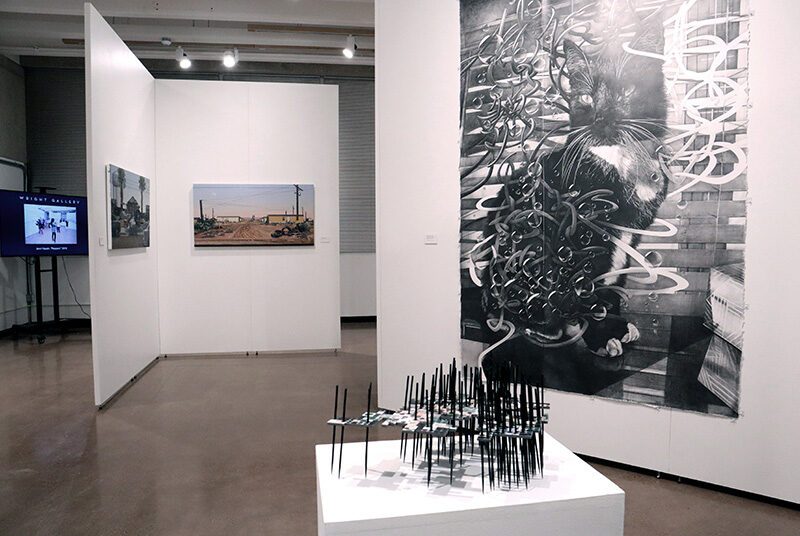 A view of the 10 Years 10 Artists exhibition displaying 2 paintings of urban landscapes by Catherine Allen, one very large graphite drawing of a cat by Mayuko Ono Gray, and one abstract sculpture by Lisa Woods in the foreground on a white pedestal.