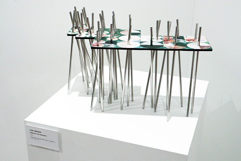 An image of Lisa Woods’ sculpture with metal straws and green and brown printed foamcore.