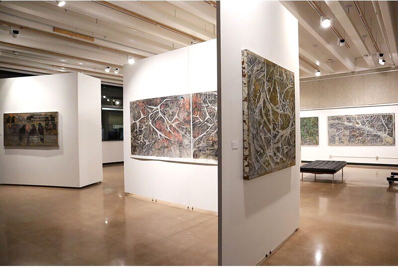 A view of the Lamentations exhibition showing several different artworks within the gallery space.
