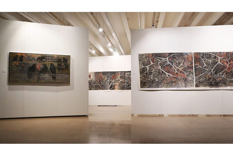 A view of the Lamentations exhibition showing several different artworks within the gallery space.