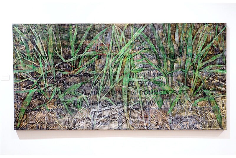 A view of one artwork featuring blades of grass overtop newspaper clippings with black text atop the grass.