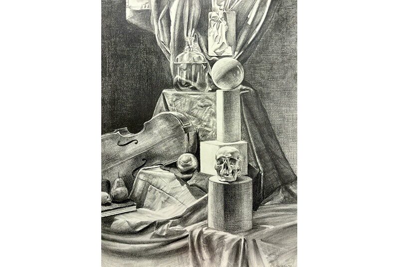 A still life drawing of draped fabric and multiple different objects such as a violin, skull, and primitive geometric shapes.