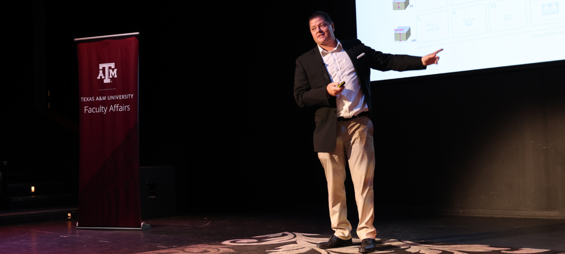 A photo of Galen Newman speaking at an event in Rudder Forum on Oct. 16. Photo by: Matthew McGuire