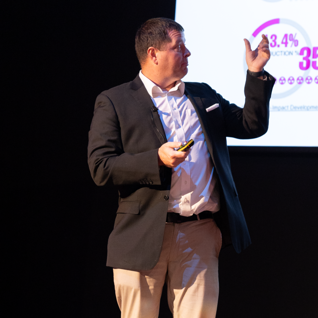 A photo of Galen Newman speaking at an event in Rudder Forum on Oct. 16. Photo by: Alexis Kennedy 