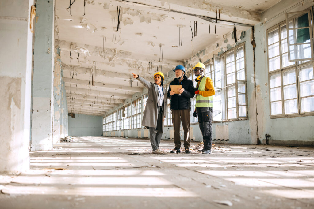 Architects looking at the architectural project and explaining to construction worker what to do