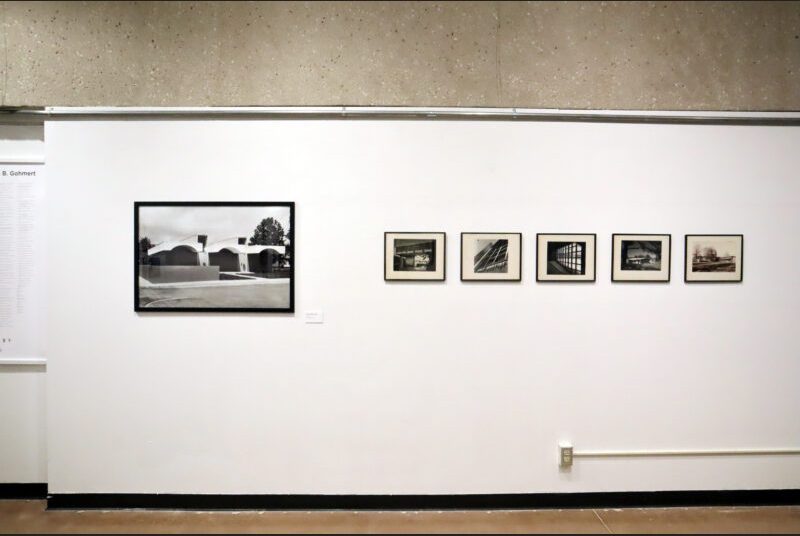 A large black and white photo of a midcentury building on the left. On the right, there are 5 small black and white photos in a line.