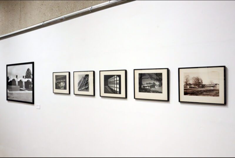 A large black and white photo of a midcentury building on the left. On the right, there are 5 small black and white photos of buildings lined up.