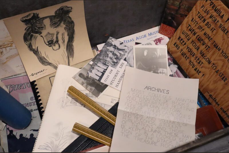 Memorabilia belonging to the architect such as drawings, drafting tools, photographs on A&M campus, Aggie student handbooks and a hand drawn note about college archives.