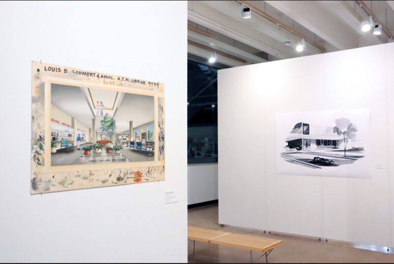 On the left is a painting of a library taped to mat board with colorful brushstroke tests around the border. In the background is a large black and white painting of a bank.