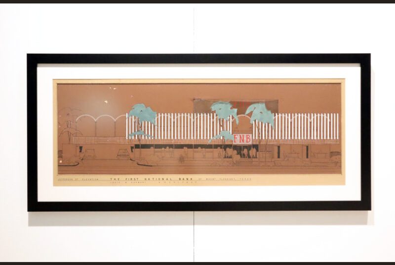 A painted elevation of a bank on brown paper is framed with black and white molding.