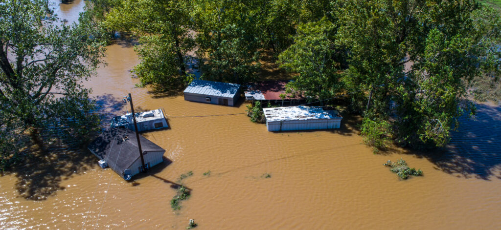 Aftermath of Hurricane Harvey destruction 2017 in Columbus Texas Flooded and standing in feet of water House Home still Flooded under water