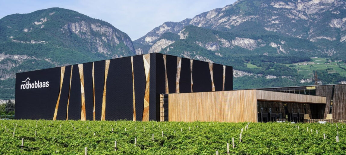 A modern building with a wood-accented black facade, near vineyards with mountains in the background.