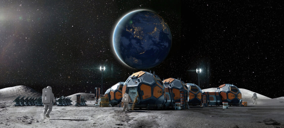 An astronaut on the surface of an imagined moon colony.