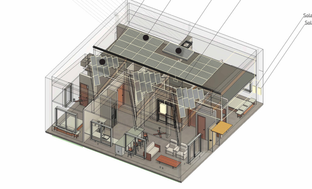 A cross section diagram that mainly showcases the heavy use of solar panels being utilized by the building and where they are located. 