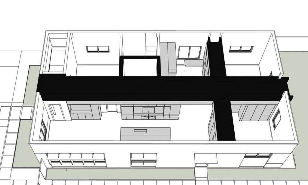 A top down view graphic of the entire layout of the building's design. The orientation of the various rooms can be seen with the kitchen being seen as the largest and longest room. The graphic also shows the building's outdoor surroundings such as the greenery surrounding the building and the sidewalks that run parallel to the perimeter of the building. 