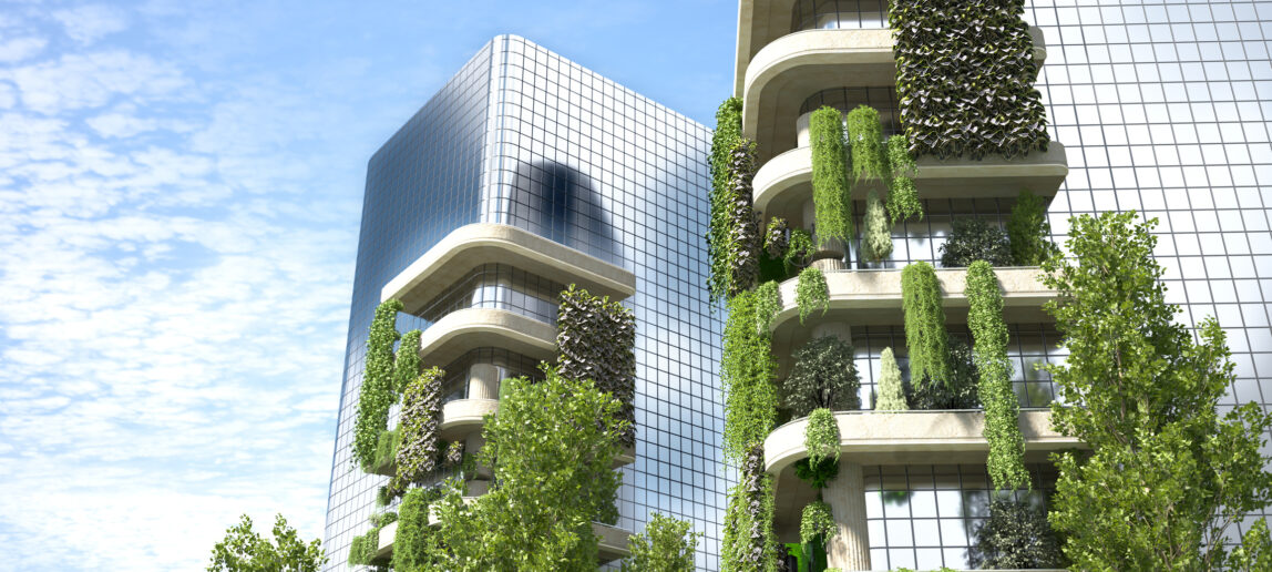 Modern Sustainable Architecture Featuring Greenery on Facades Under a Clear Blue Sky
