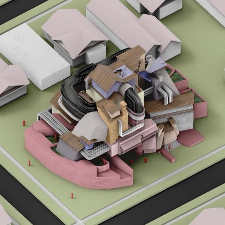 Rendering of isometric building model made with experimental shapes.