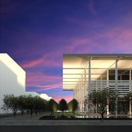 Rendering of building exterior and trees at sunset.