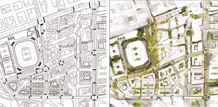 Two diagrams of the same area's urban development, one in black and white and one with the natural enviornment colored.